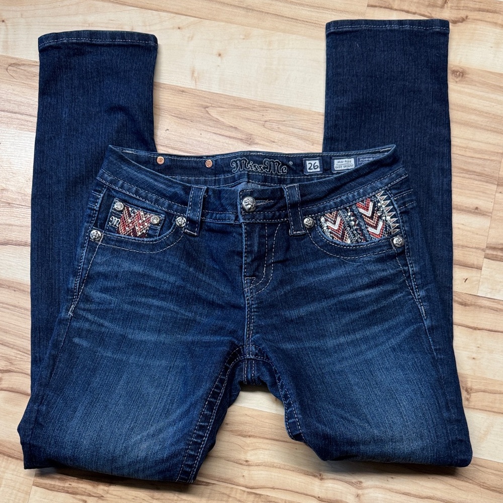 Miss Me Dark Blue Skinny Jeans with Embroidered Pocket Accents